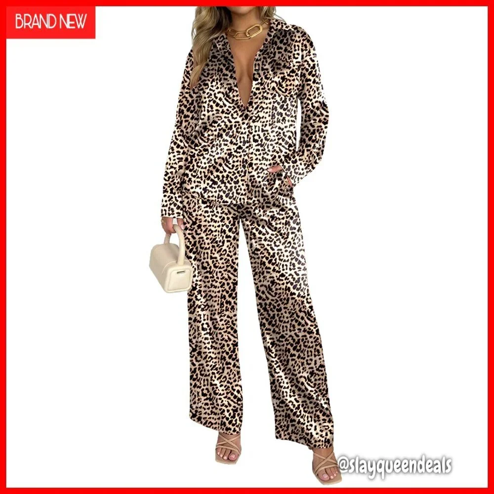 Satin Lounge Set with Pockets, Button-Down Top, Loose Fit, Size Medium